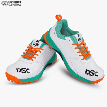 White orange and teal green Jaffa 22 cricket shoes from DSC