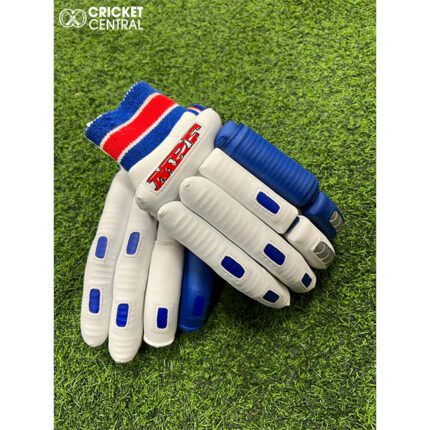 White Blue and Red Cricket batting gloves from MRF