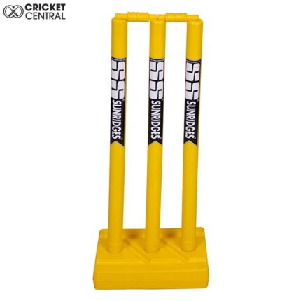 Yellow plastic cricket stumps with bails and base from SS