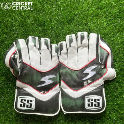 Green and white wicket keeping gloves for cricketers from SS